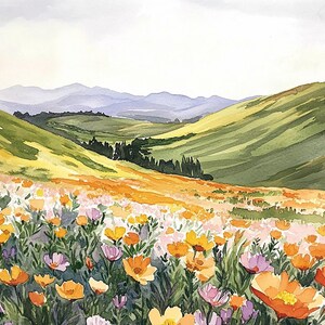 California Blooming Painting California Landscape Watercolor Art Print Field Of Flowers Wall Art Wildflowers Poster Green Hills Wall Art