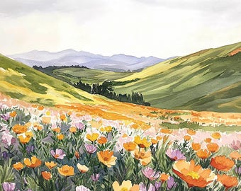 California Poppies Painting Watercolor Art Print Wall Art Living Room Spring Decor Superbloom Wildflower Field Landscape Green Hills