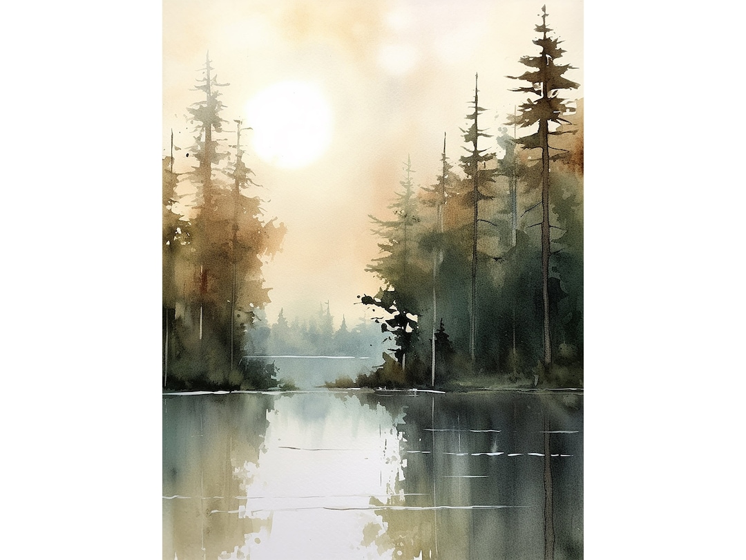 Sunrise Forest Lake Painting Neutral Brown Landscape Michigan Art Print ...
