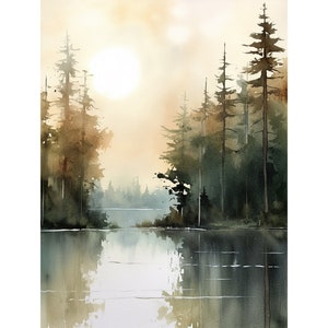 日の出の森の湖の絵画 ニュートラルブラウンの風景 ミシガン アートプリント 松の木 大きな水彩画 ミニマリスト ポスター
