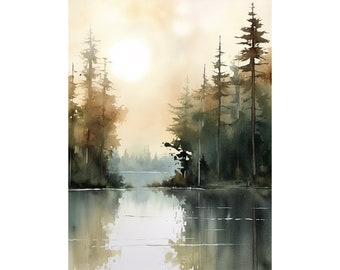 Lever du soleil, forêt, lac, peinture, paysage brun neutre, Michigan, impression d'art, pin, grande affiche minimaliste aquarelle