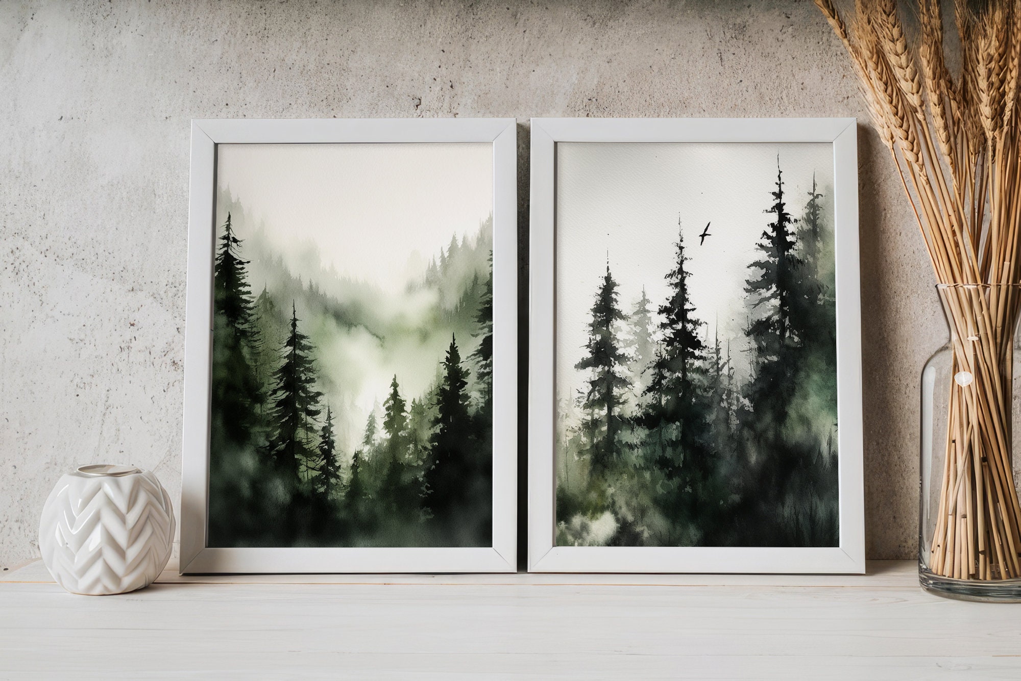 Mountain Forest Watercolor Set of 2 Prints Evergreen Trees Wall Art ...