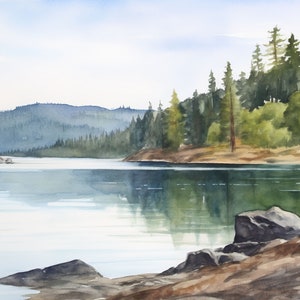 Idaho Watercolor Art Print Lake Coeur d&#39;Alene Painting Lakeshores Wall Art Mountain Lake Landscape Lake House Wall Decor Idaho Nature Poster