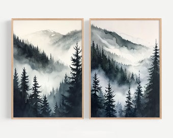 Misty Forest Painting Set Of 2 Art Prints Large Watercolor Mountain Wall Art Foggy Pines Scandinavian Japandi Living Room Decor
