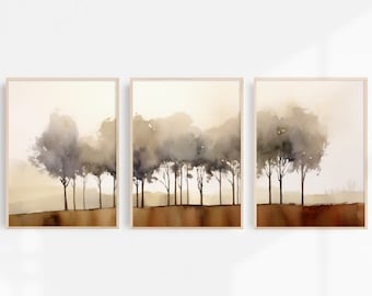 Neutrale Bäume Landschaftsdruck 3er Set Colorado Aquarell Beige Braun beruhigender Wald Wandkunst Minimalistische Baumlinie Triptychon