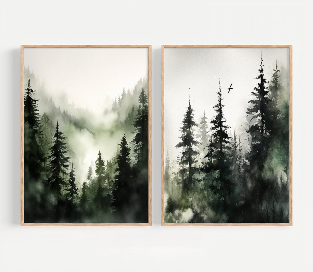 Mountain Forest Watercolor Set of 2 Prints Evergreen Trees Wall Art ...