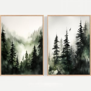 Mountain Forest Watercolor Set Of 2 Prints Evergreen Trees Wall Art Mountain Valley Painting Extra Large Panoramic Landscape