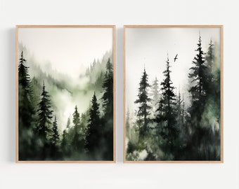 Mountain Forest Watercolor Set Of 2 Prints Evergreen Trees Wall Art Mountain Valley Painting Extra Large Panoramic Landscape
