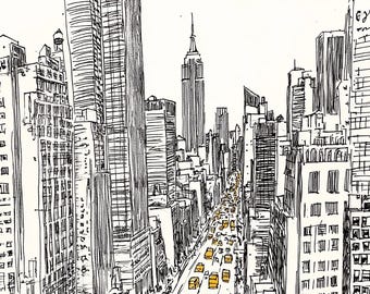 May include: A black and white ink drawing of a city skyline with tall buildings and a street filled with yellow cabs. The drawing is done in a minimalist style with simple lines and shapes.