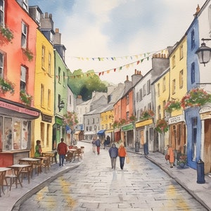 Galway Painting Ireland Watercolor Art Irish Cityscape Print Quay Street Wall Art Old Town Artwork