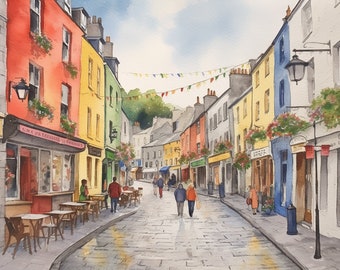 Peinture de Galway, Irlande, aquarelle, paysage urbain irlandais, impression d'art mural de rue du quai, oeuvre d'art de la vieille ville