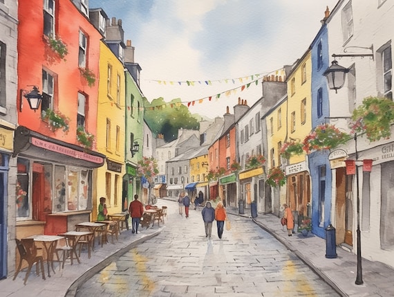 Galway Painting Ireland Watercolor Art Irish Cityscape Print Quay Street  Wall Art Old Town Artwork 
