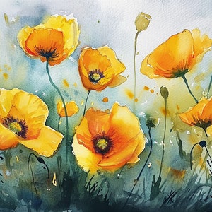 Yellow Poppy Painting Meadow Watercolor Art Print Large Floral Wall Art Poppies Flower Artwork Farmhouse Wall Decor Flower Field Print