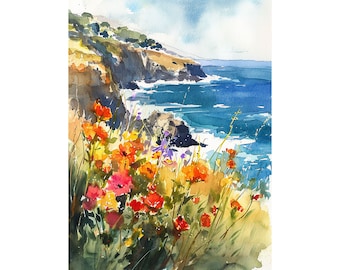 May include: Watercolor painting of a coastal scene with a cliffside overlooking a blue ocean. The foreground features a vibrant cluster of orange, yellow, and red wildflowers.