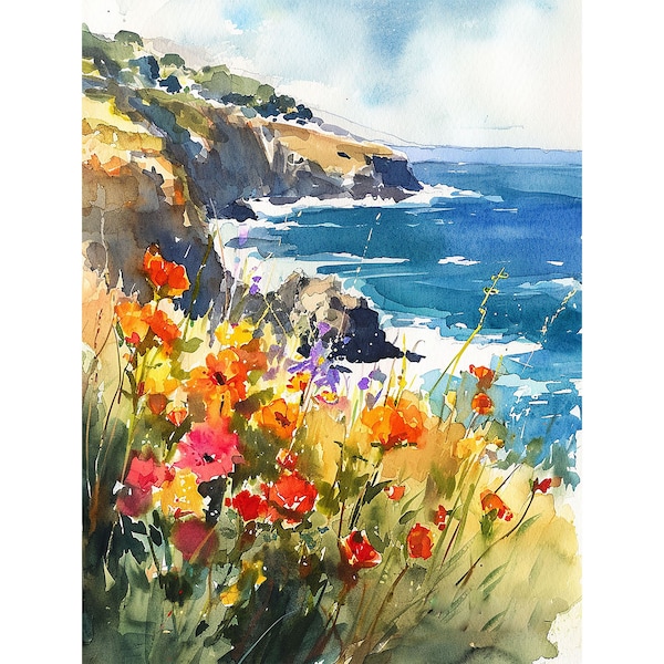 Big Sur Painting California Coastal Landscape Watercolor Art Print Poppy Wall Art Spring Wall Decor