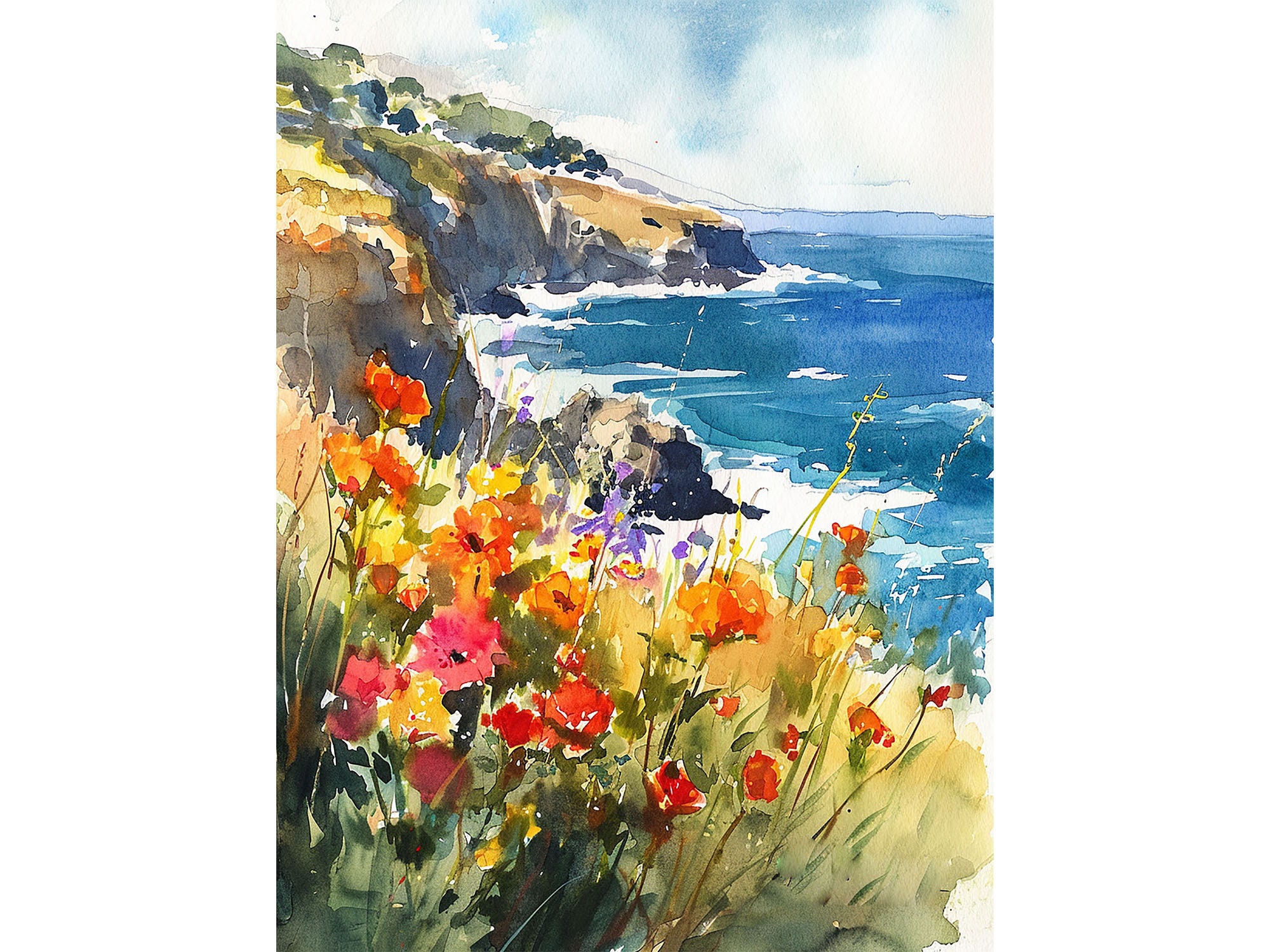 Big Sur pintura California paisaje costero acuarela arte impresión amapola pared arte primavera pared decoración