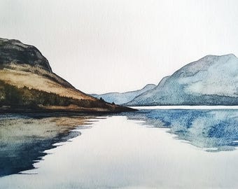 Norway Painting Fjords Watercolor Art Print Scandinavian Mountains Landscape Wall Art Travel Wall Art