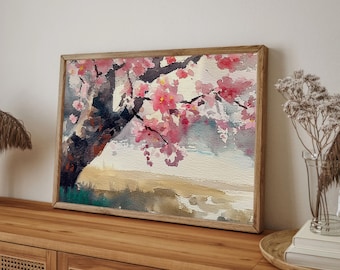 Cherry Tree Painting Spring Wall Art Sakura Watercolor Art Print