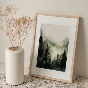 Evergreen Forest Poster Foggy Pine Trees Watercolor Painting Misty ...