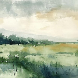 Countryside Art Print Abstract Landscape Watercolor Painting Neutral Forest Field Wall Art Grey Green Print
