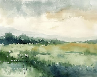 Countryside Art Print Abstract Landscape Watercolor Painting Neutral Forest Field Wall Art Grey Green Print