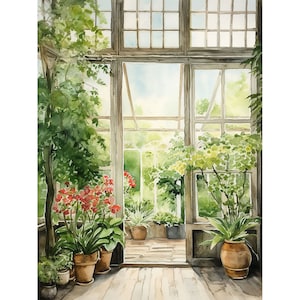 温室の絵画 庭の植物 壁アート 植物の水彩画 アートプリント 緑の花のポスター 花のアートワーク