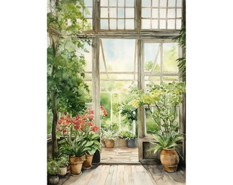 Pintura de invernadero, plantas de jardín, arte mural, arte botánico de acuarela, impresión, póster floral verde, obra de arte de flores