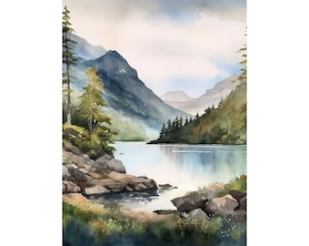 湖水地方の絵画 イギリス 水彩画 アートプリント 山 湖 風景
