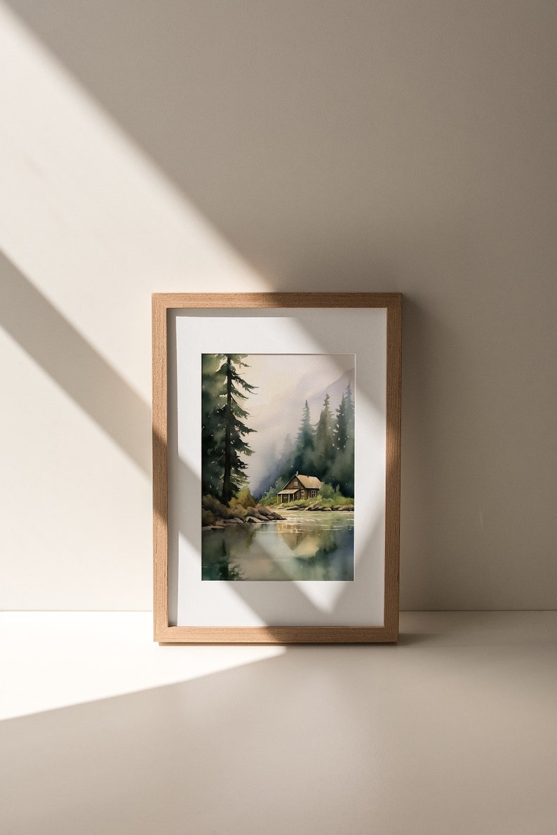Forest Cabin Painting Tahoe Lake Art Print Mountain Forest Landscape Watercolor Painting Minimalist Wall Art image 6