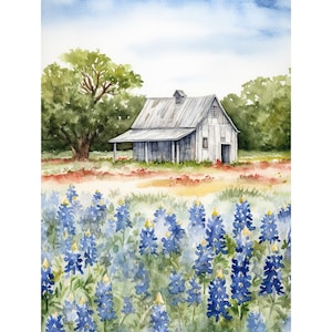 ブルーボネットの絵画 白い納屋 水彩画 アートプリント 農場の風景 花畑 壁アート 素朴な壁装飾