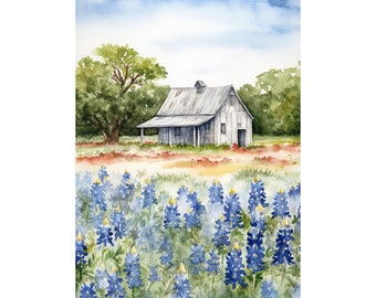 Könnte beinhalten: Ein Aquarellbild eines weißen Bauernhauses mit blauem Himmel und grünen Bäumen im Hintergrund. Das Bauernhaus ist von einem Feld mit blauen Lupinen umgeben.
