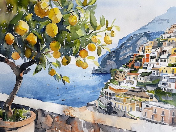 Positano Painting Lemon Tree Watercolor Art Print Amalfi Coast Wall Art Italy Artwork Italian Cityscape Print