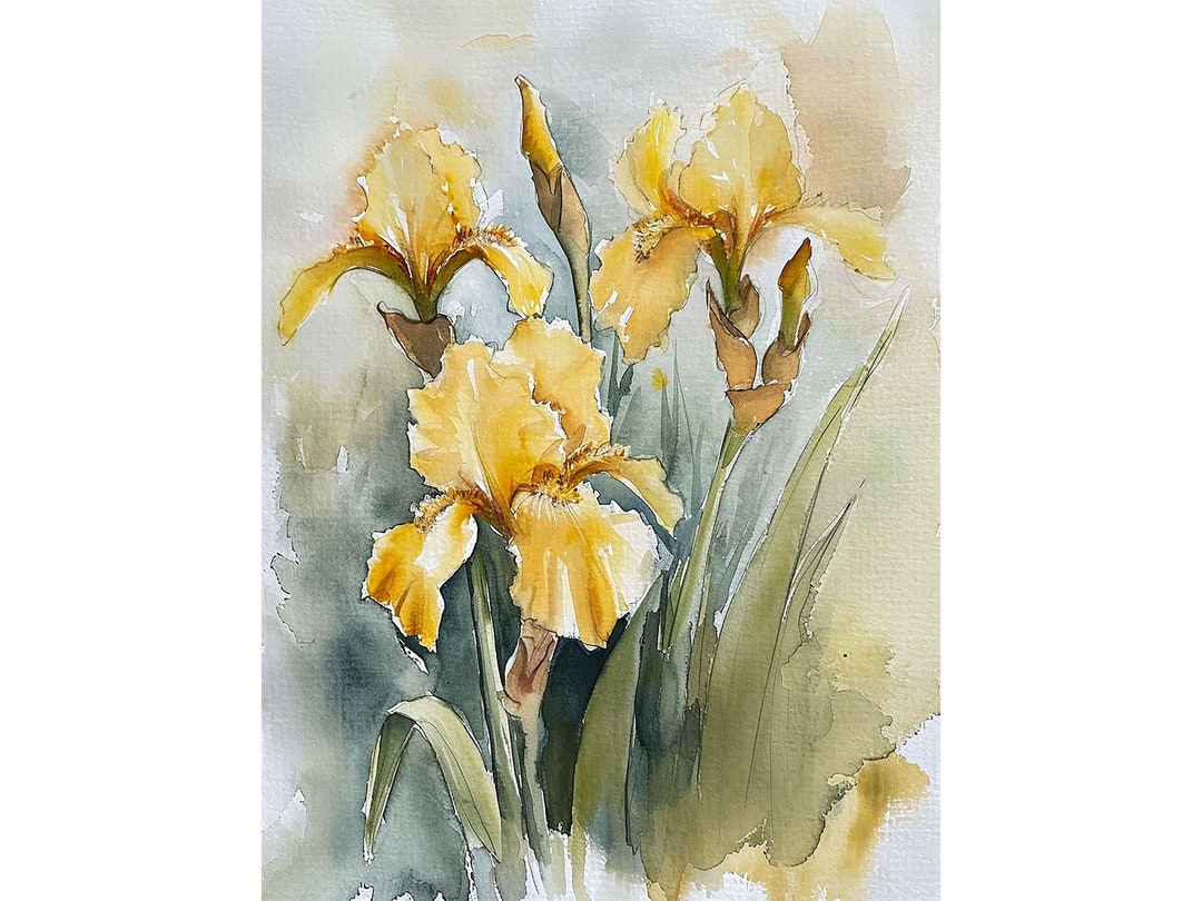 アイリスの絵画 黄色のアイリスの水彩画プリント 花の壁アート 春の花