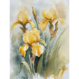 アイリスの絵画 黄色のアイリスの水彩画プリント 花の壁アート 春の花のプリント 植物のアートワーク