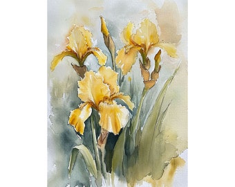 アイリスの水彩画額装済み アイリスの絵画 黄色のアイリスの水彩画プリント 花の壁アート 春の花