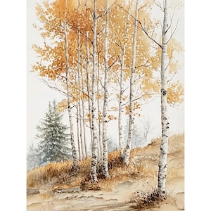 Fall Birch Tree Painting Aspen Trees Watercolor Print Colorado Forest Wall Art Autumn Landscape Art Minimalist Print