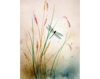 Libelle und Schilf Aquarell Malerei Kunstdruck auf Papier Botanische Natur Wandkunst für Wohnzimmer