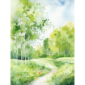 Birkenwald Aquarell Northwoods Kunstdruck Grüner Waldmalerei Weg Wandkunst Wisconsin Landschaftsdruck