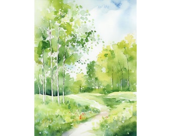 Birch Forest Watercolor Northwoods Art Print Green Forest Painting Path Wall Art Wisconsin Landscape Print
