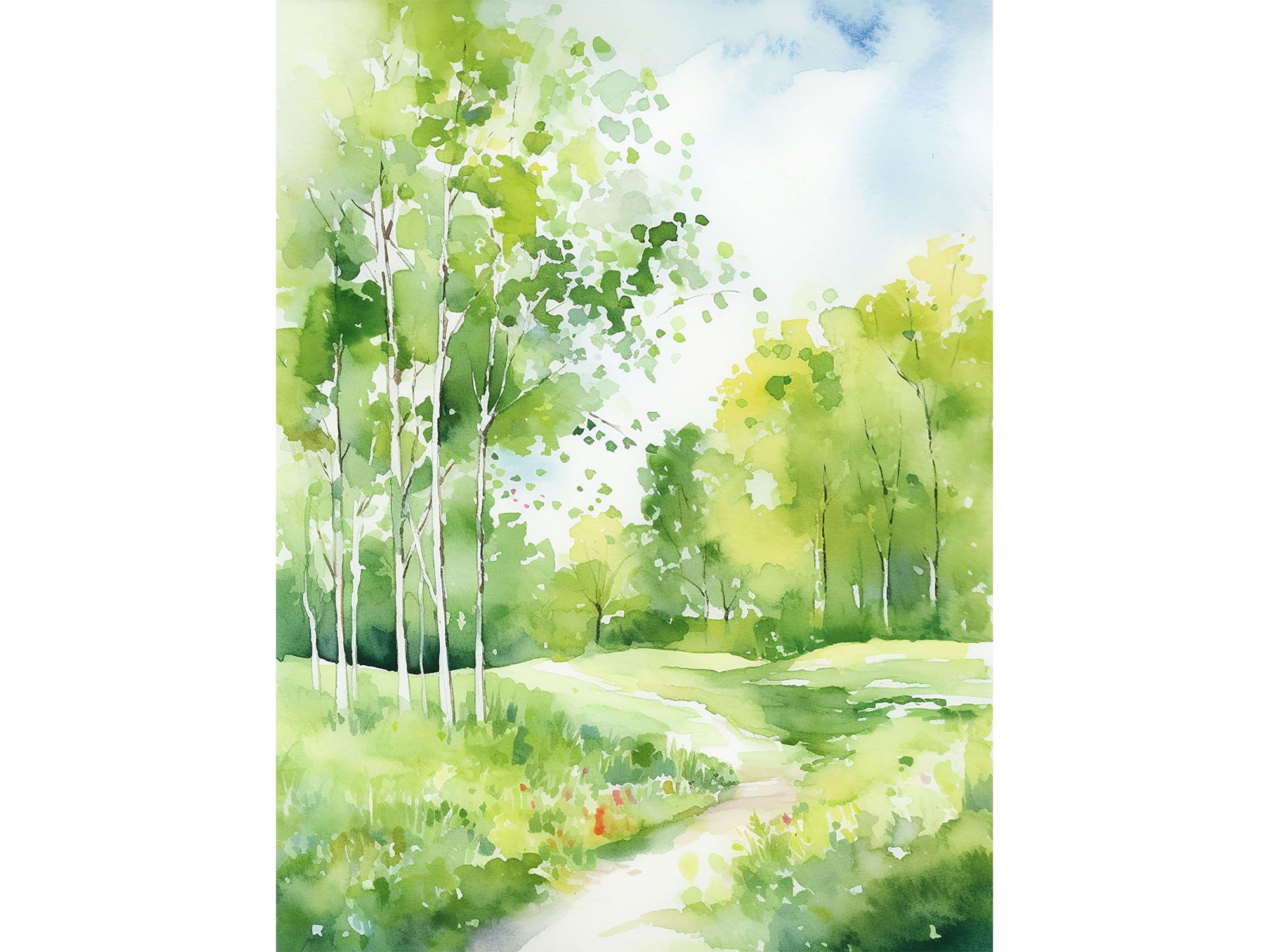 Birch Forest Watercolor Northwoods Art Print Green Forest Painting Path Wall Art Wisconsin Landscape Print
