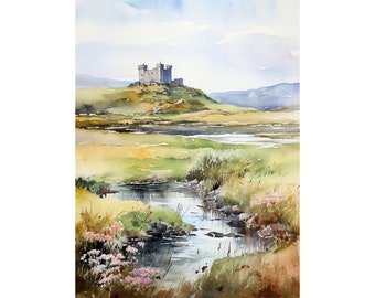 Sligo Painting Ireland Watercolor Landscape Art Print Irish Castle Wall Art Green Field Art Mountain Artwork