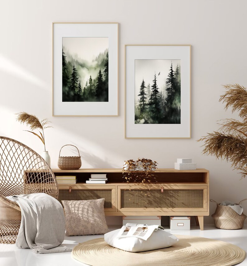 Mountain Forest Watercolor Set of 2 Prints Evergreen Trees Wall Art ...