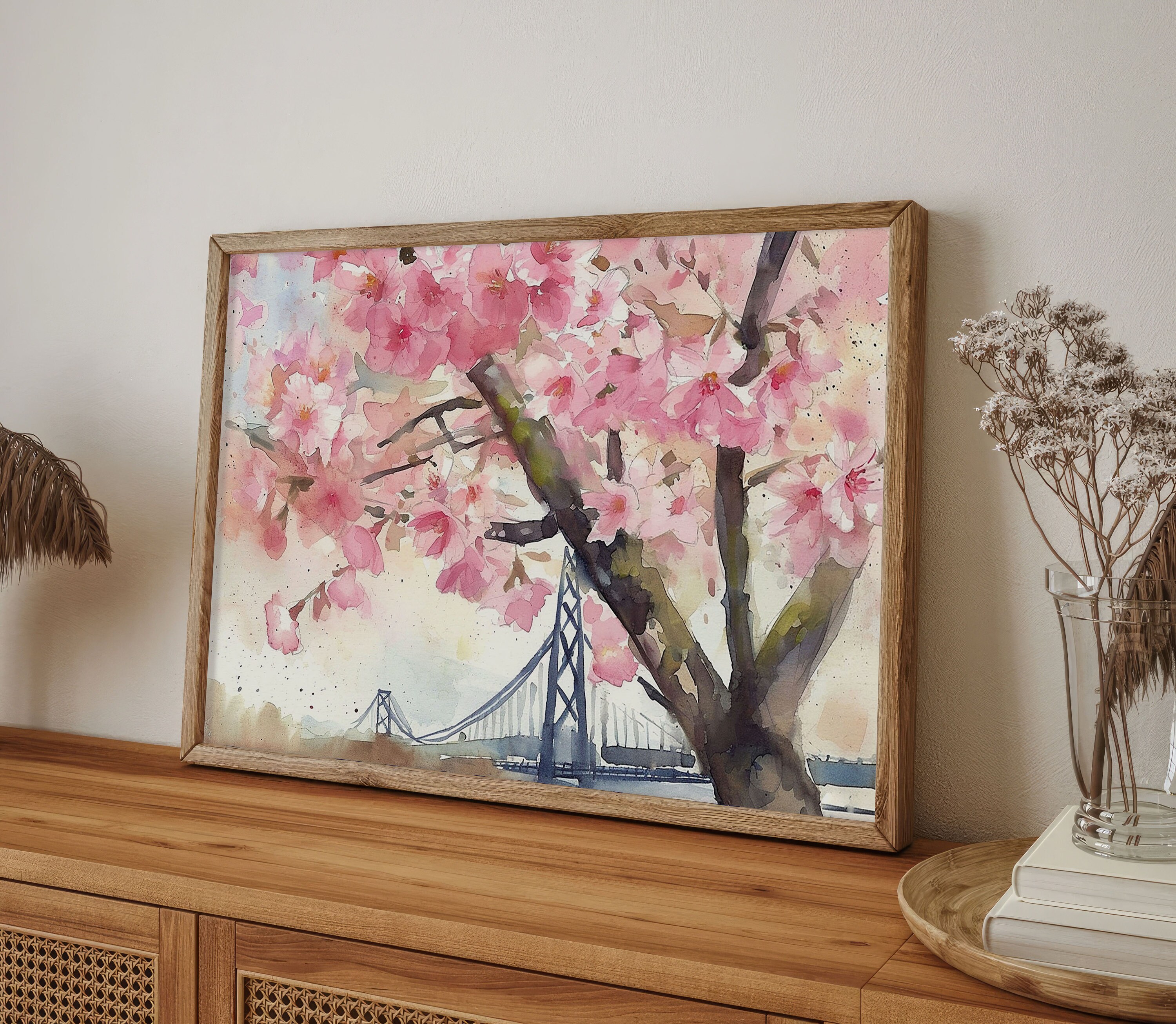サンフランシスコベイブリッジの桜の水彩画、ソフトピンクのパステル