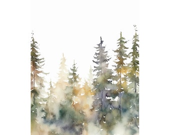 Pine Tree Art Print Evergreen Forest Watercolor Painting PNW Landscape Minimalist Print