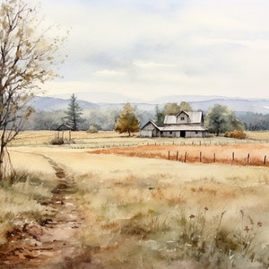 Landschaftsmalerei Bauernhaus Aquarell Kunstdruck Herbst Rustikal Landschaft Alter Bauernhof Wandkunst
