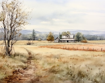 Könnte beinhalten: Ein Aquarellgemälde eines Bauernhauses auf einem Feld mit einem Feldweg, der zu ihm führt. Das Bauernhaus ist ein einfaches, einstöckiges Gebäude mit einem grauen Dach und weißen Wänden. Das Feld ist goldbraun und der Himmel ist hellblau mit einigen Wolken.