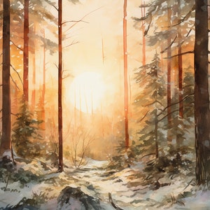 Snoqualmie Pass Watercolor Painting PNW Forest Landscape Trees Watercolor Art Print Sunrise Wall Art