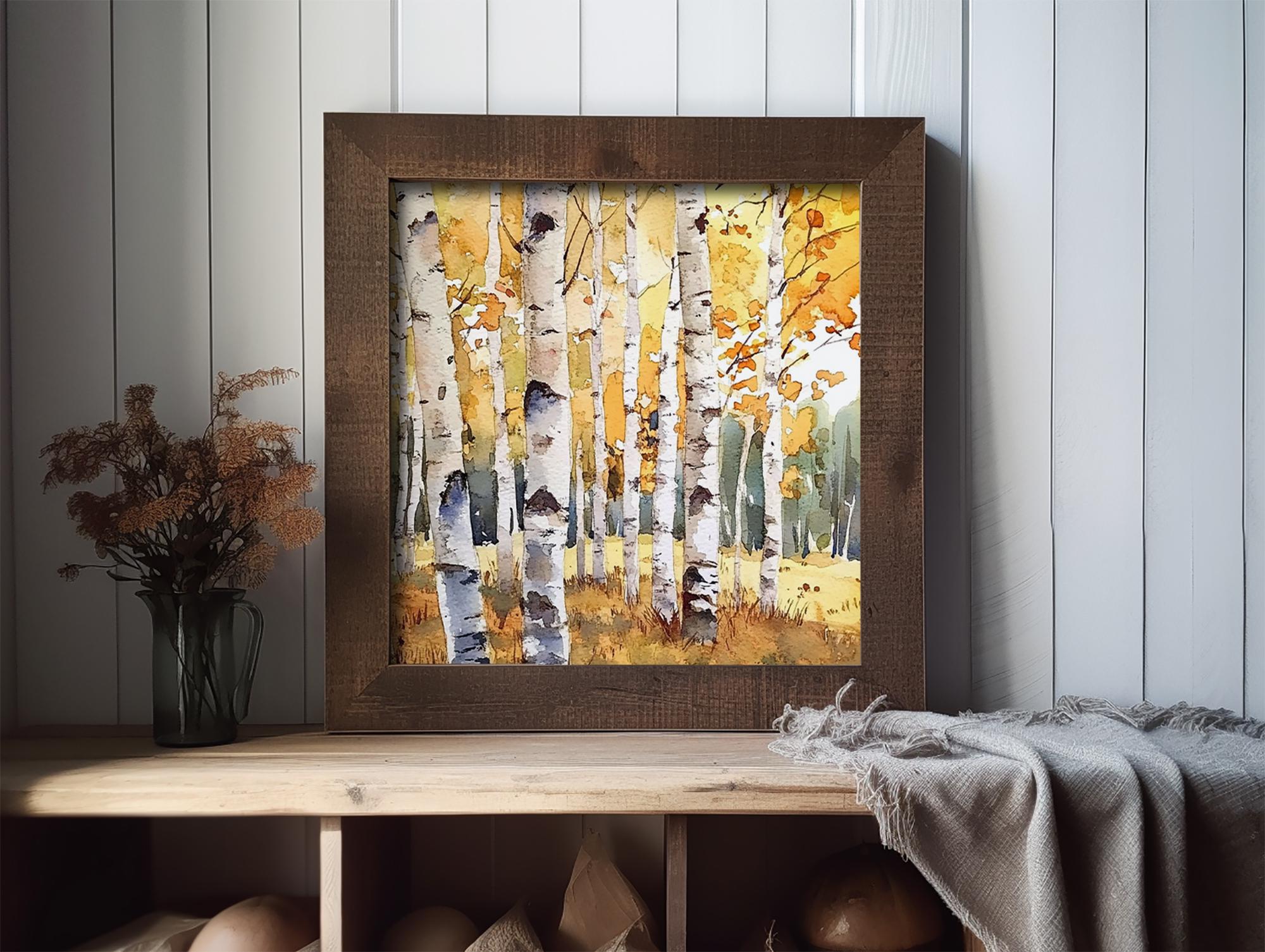 Stampa Su Tela Con Alberi Di Betulla: Quadro Moderno 101x50 Cm, Paesaggio Giallo, Pronto Da Appendere Per Soggiorno