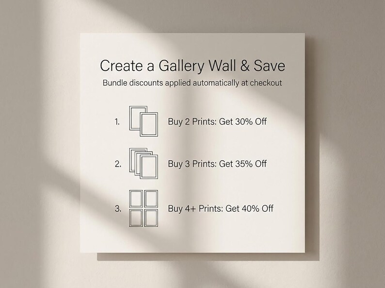 May include: A square, off-white sign with text promoting gallery wall art. The text reads "Create a Gallery Wall & Save" and details bundle discounts: Buy 2 prints, get 30% off; Buy 3 prints, get 35% off; Buy 4+ prints, get 40% off.