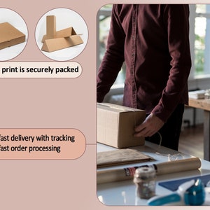 May include: A person carefully packages a brown cardboard box with twine. The text "each print is securely packed" is visible in the image. The text "fast delivery with tracking" and "fast order processing" is also visible.